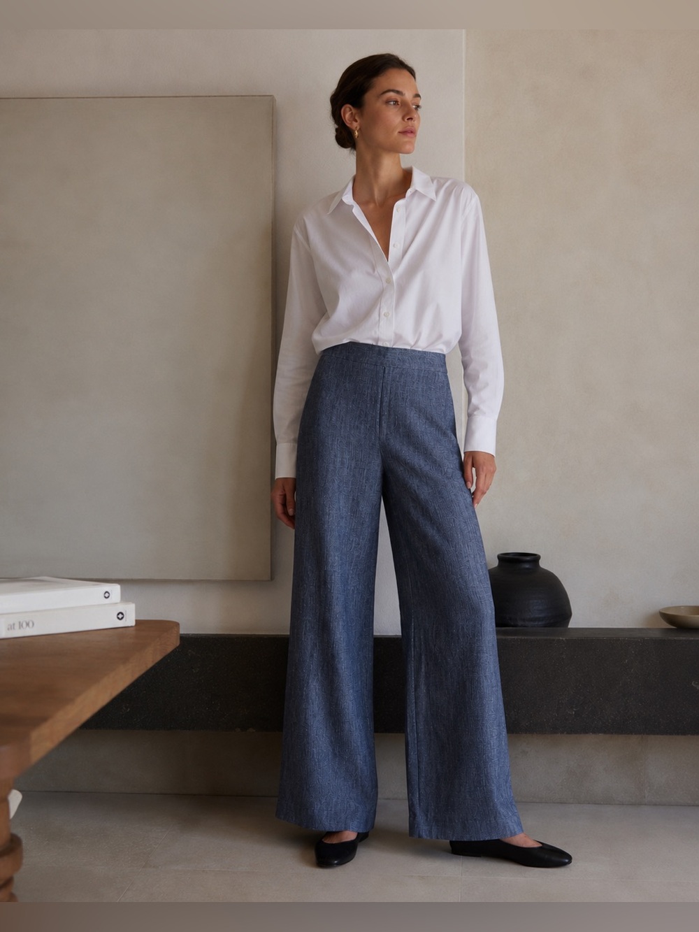 WORTH New York Size 8 Blue Linen Cotton Side Zip Wide Leg Pants
